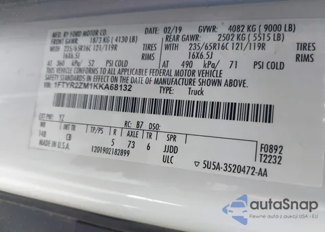 2019 Ford Transit-250 z USA, uszkodzony, nr VIN 1FTYR2ZM1KKA68132